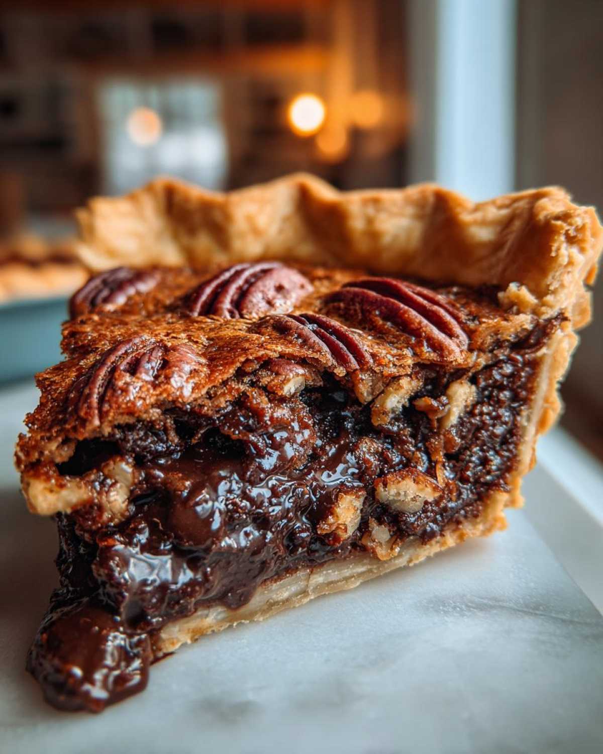 Close-up of a decadent slice of chocolate pecan pie showing the gooey filling and whole pecans on top.