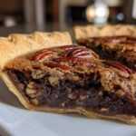 Close-up of a rich slice of chocolate pecan pie showing the gooey filling, pecans, and flaky crust.