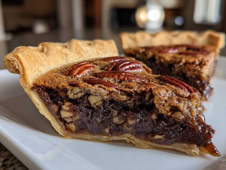 Close-up of a rich slice of chocolate pecan pie showing the gooey filling, pecans, and flaky crust.