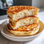 Close-up of a stack of three incredibly fluffy pancakes, cut in half to show the airy, porous interior texture.