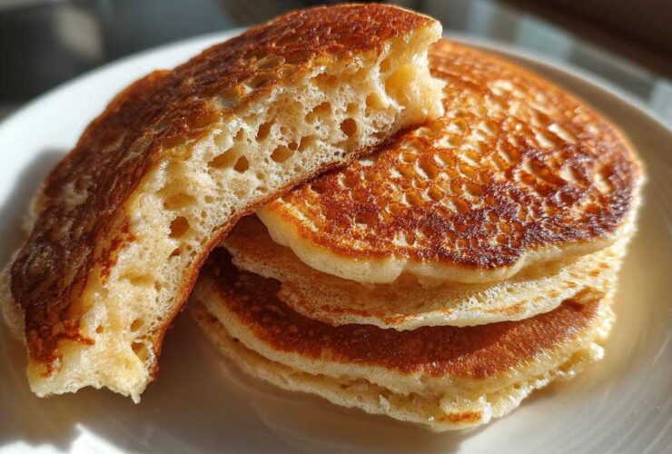 Close-up of a stack of golden brown fluffy pancakes, one cut in half showing the airy, porous interior.