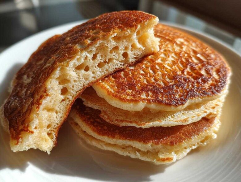 Close-up of a stack of golden brown fluffy pancakes, one cut in half showing the airy, porous interior.