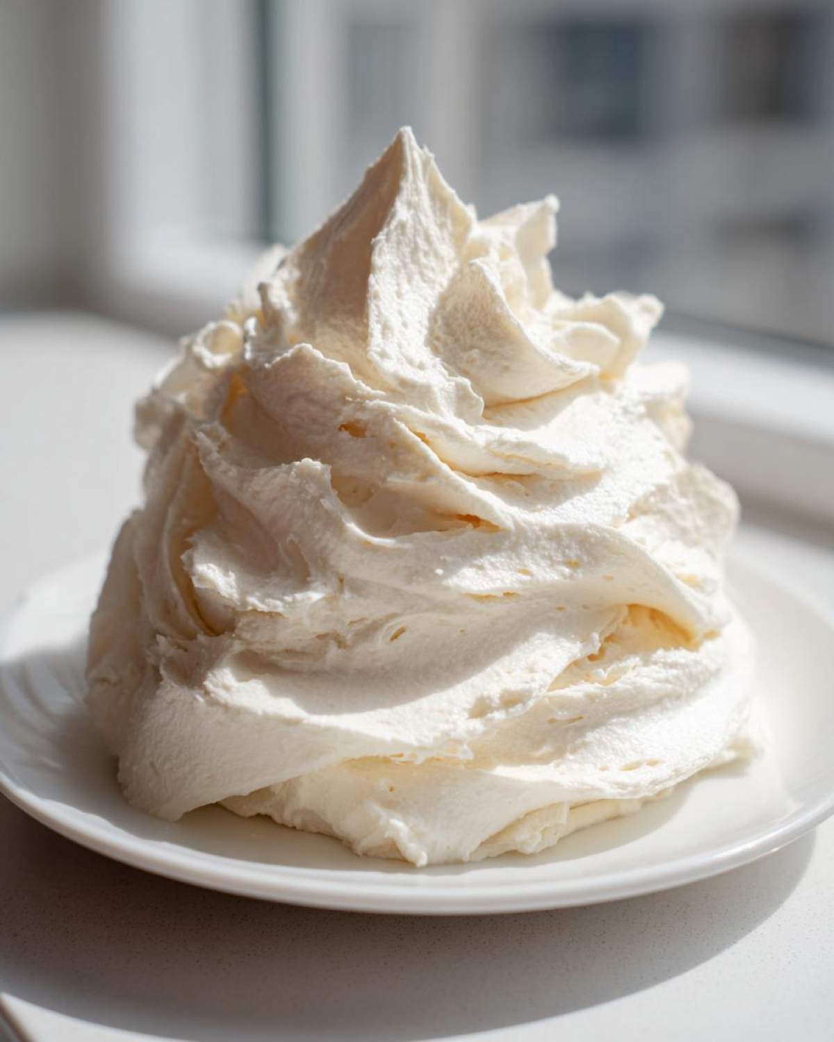 A tall, beautifully piped swirl of creamy white vanilla buttercream frosting sitting on a small white plate.