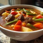 Close-up of a white bowl filled with rich, savory vegetable beef soup featuring chunks of beef, carrots, potatoes, and green beans.