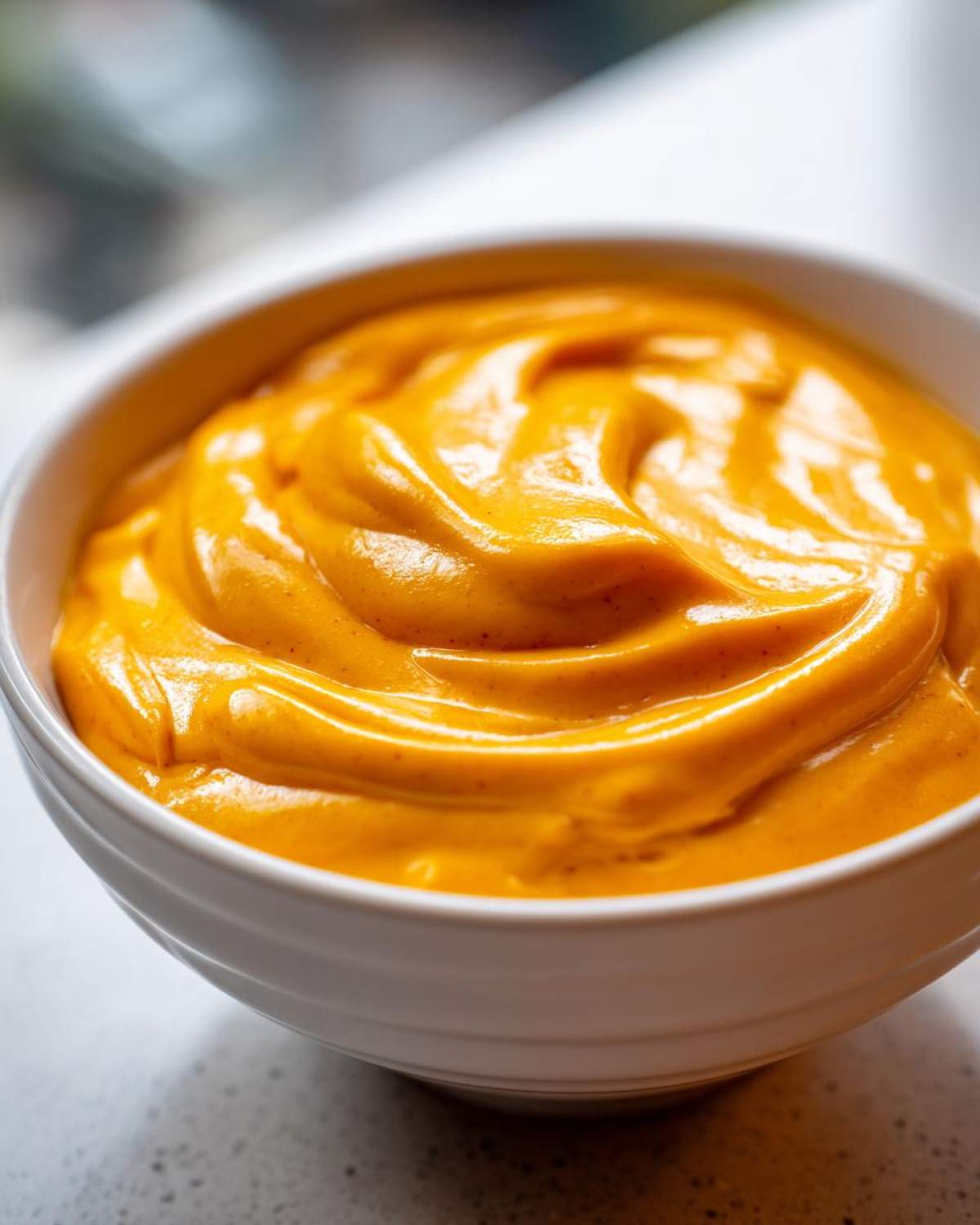 Close-up of a bright orange, velvety smooth nacho cheese sauce swirled in a small white bowl.