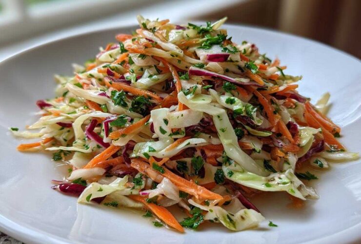 A vibrant mound of fresh cabbage salad featuring shredded white cabbage, carrots, red cabbage, and fresh parsley.
