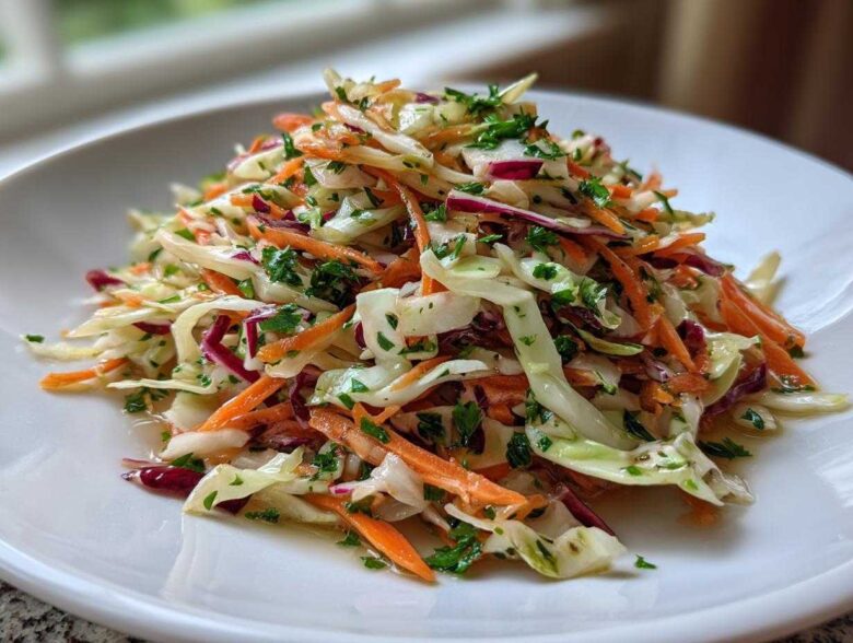 A vibrant mound of fresh cabbage salad featuring shredded white cabbage, carrots, red cabbage, and fresh parsley.