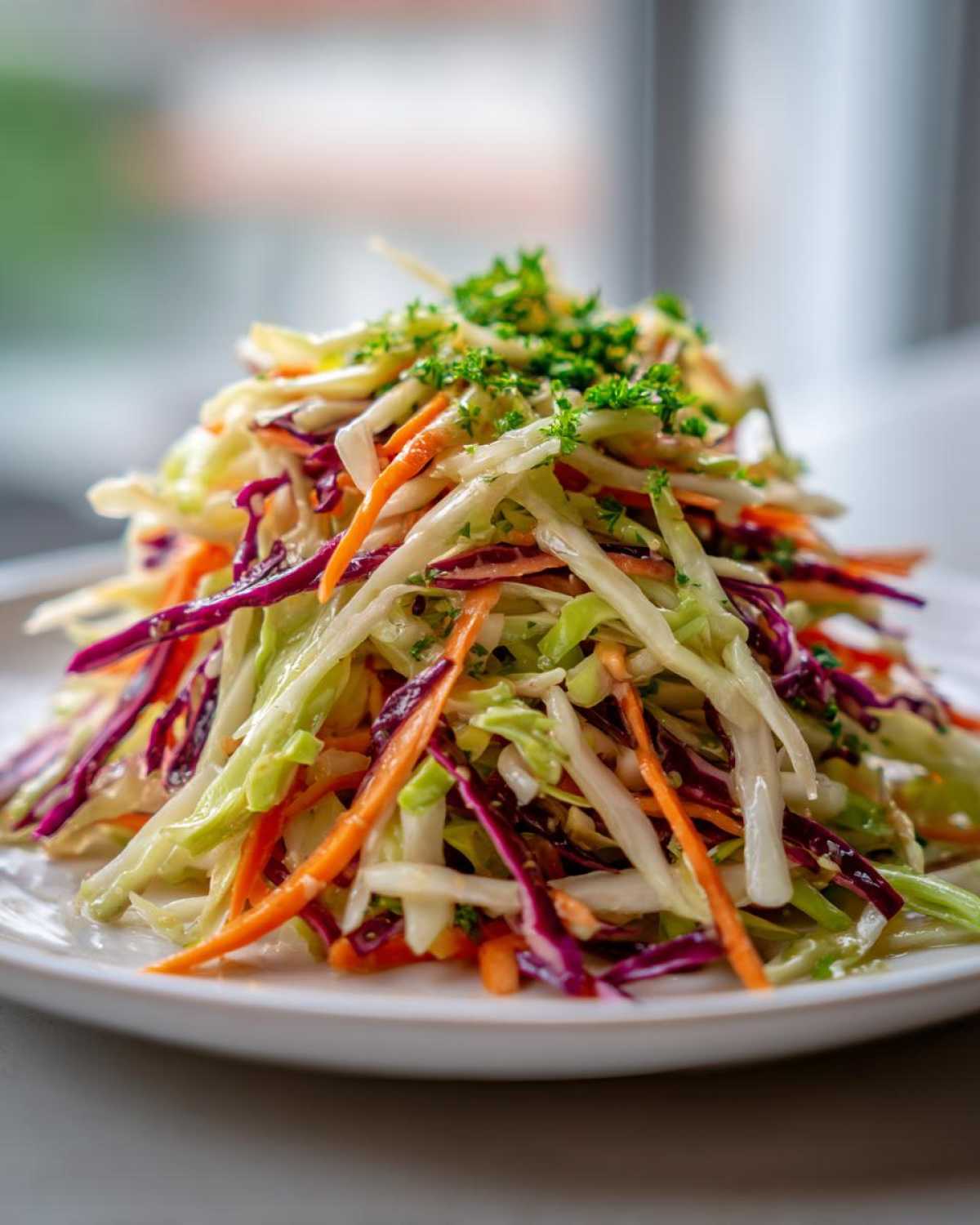 A tall mound of fresh cabbage salad featuring shredded green cabbage, red cabbage, and carrots, topped with parsley.