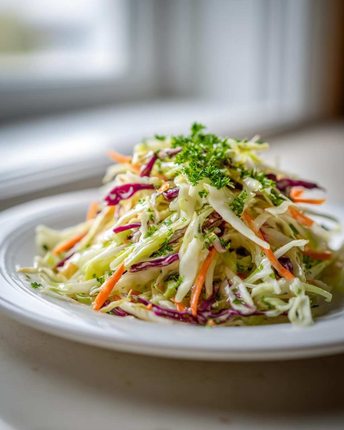 A mound of vibrant cabbage salad featuring shredded green and red cabbage and carrots, topped with fresh parsley.