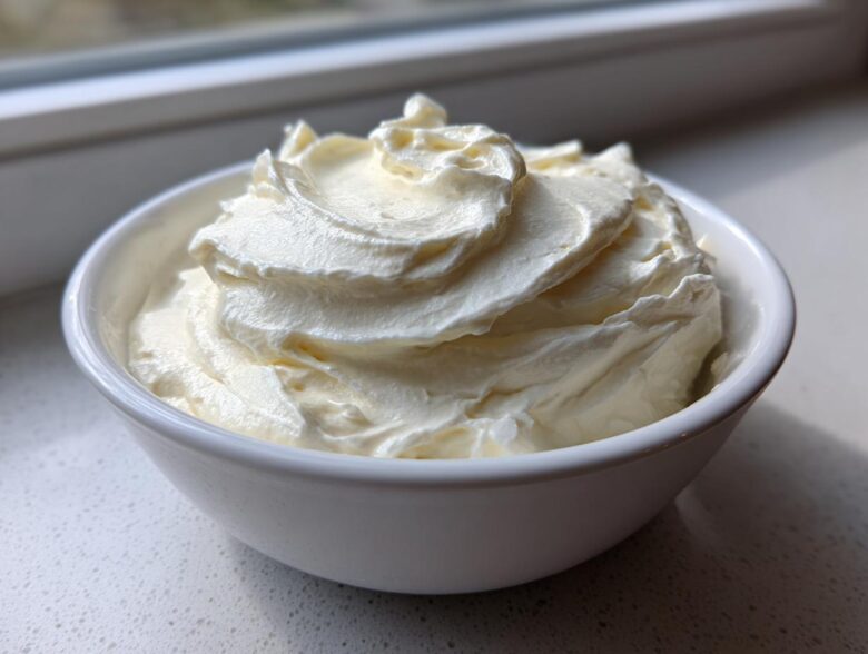 A close-up of fluffy, whipped white fruit dip swirled high in a small white bowl.