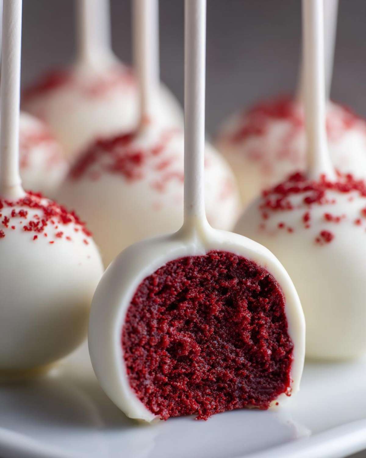 Close-up of a white chocolate coated red velvet cake pop, cut in half to show the moist red interior, sprinkled with red crumbs.