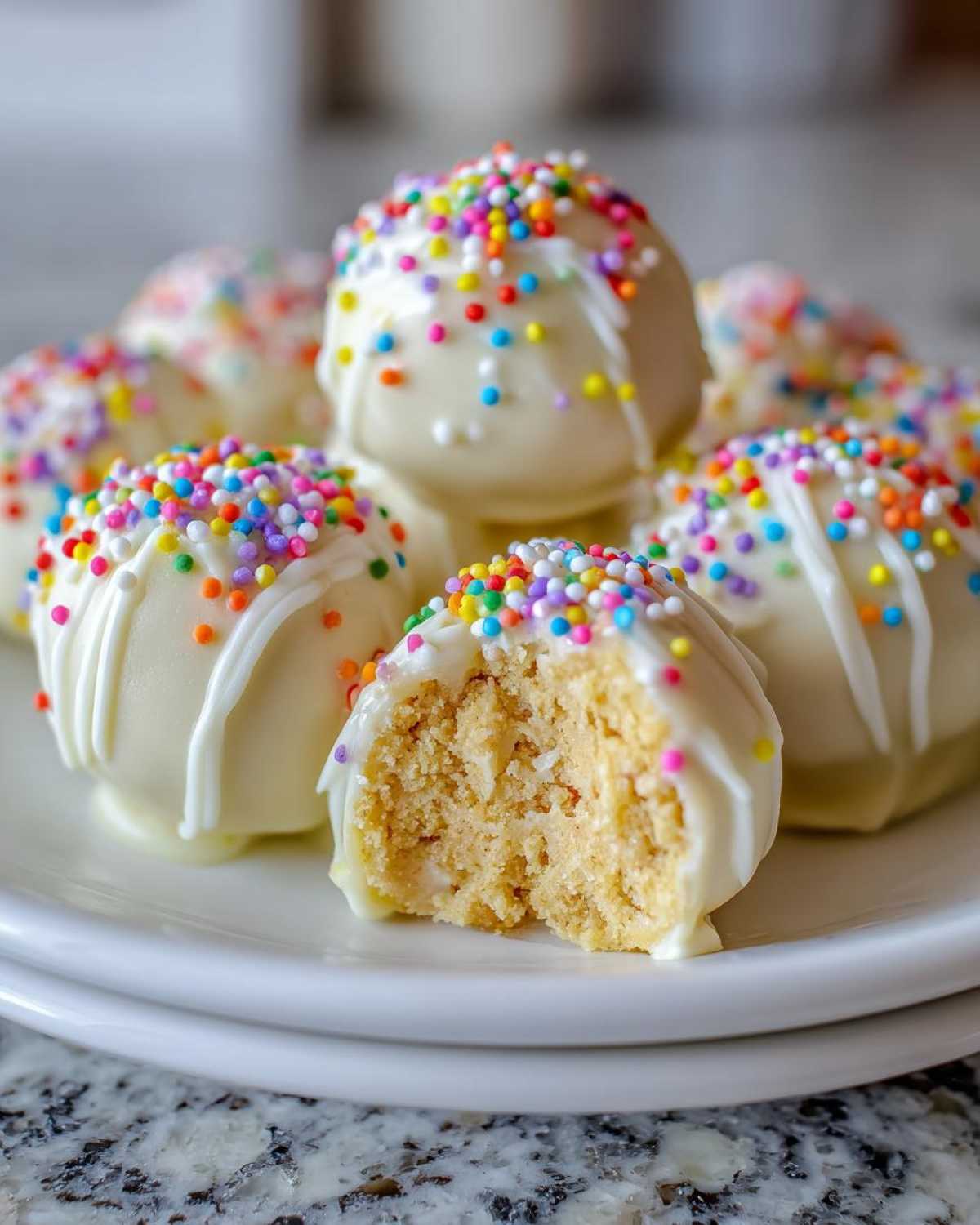 Close-up of white chocolate sugar cookie truffles topped with rainbow sprinkles, one is bitten into.
