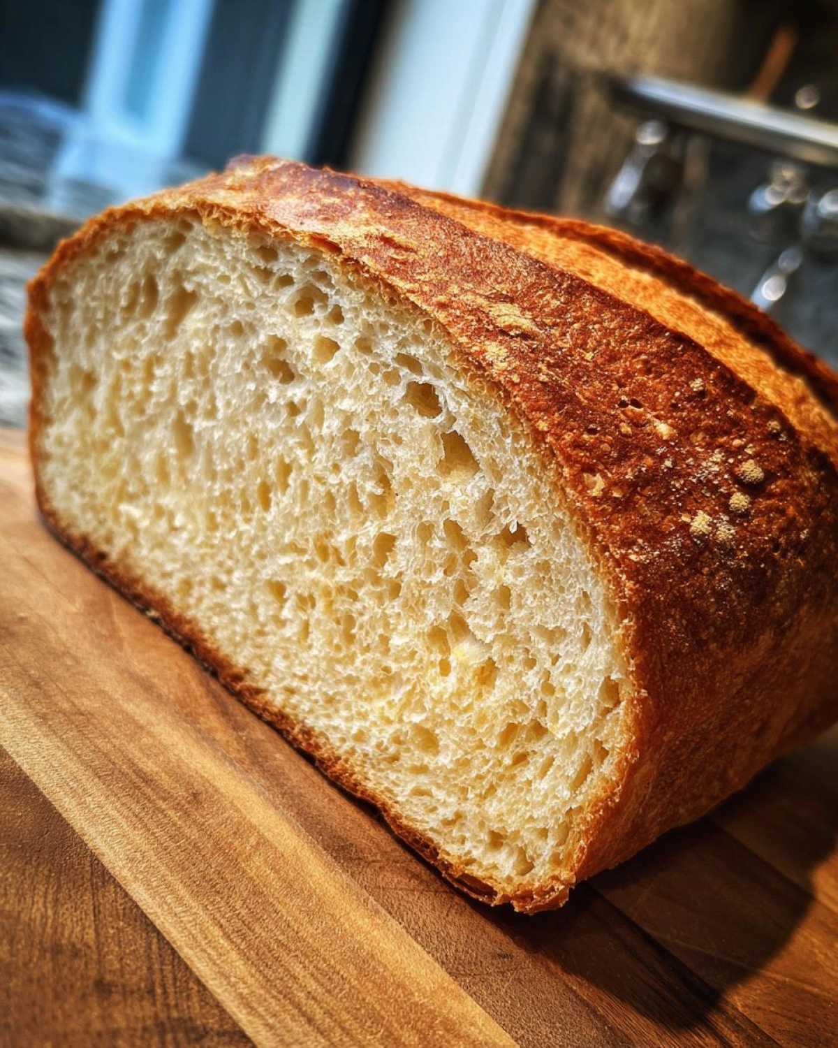 Close-up of the soft, open crumb structure of a freshly baked whole wheat bread loaf.