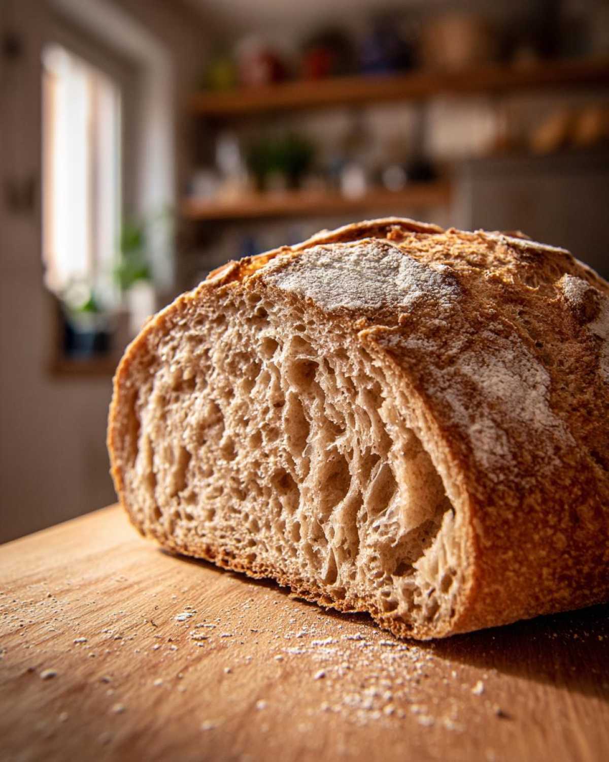 Close-up of a cut loaf of homemade whole wheat bread showing an open, airy crumb structure on a wooden board.