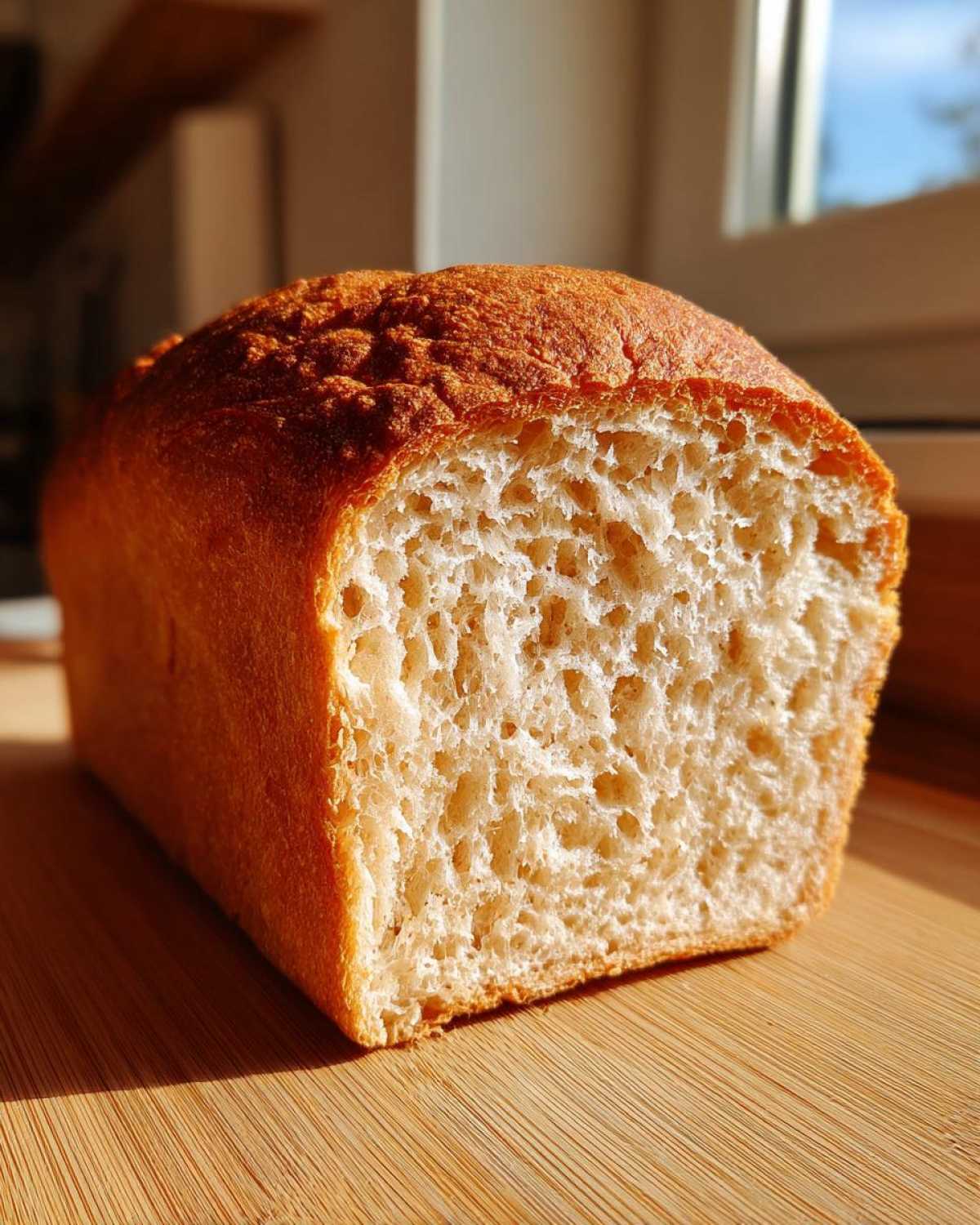 Close-up of a freshly baked whole wheat bread loaf, showing the airy, soft crumb texture.
