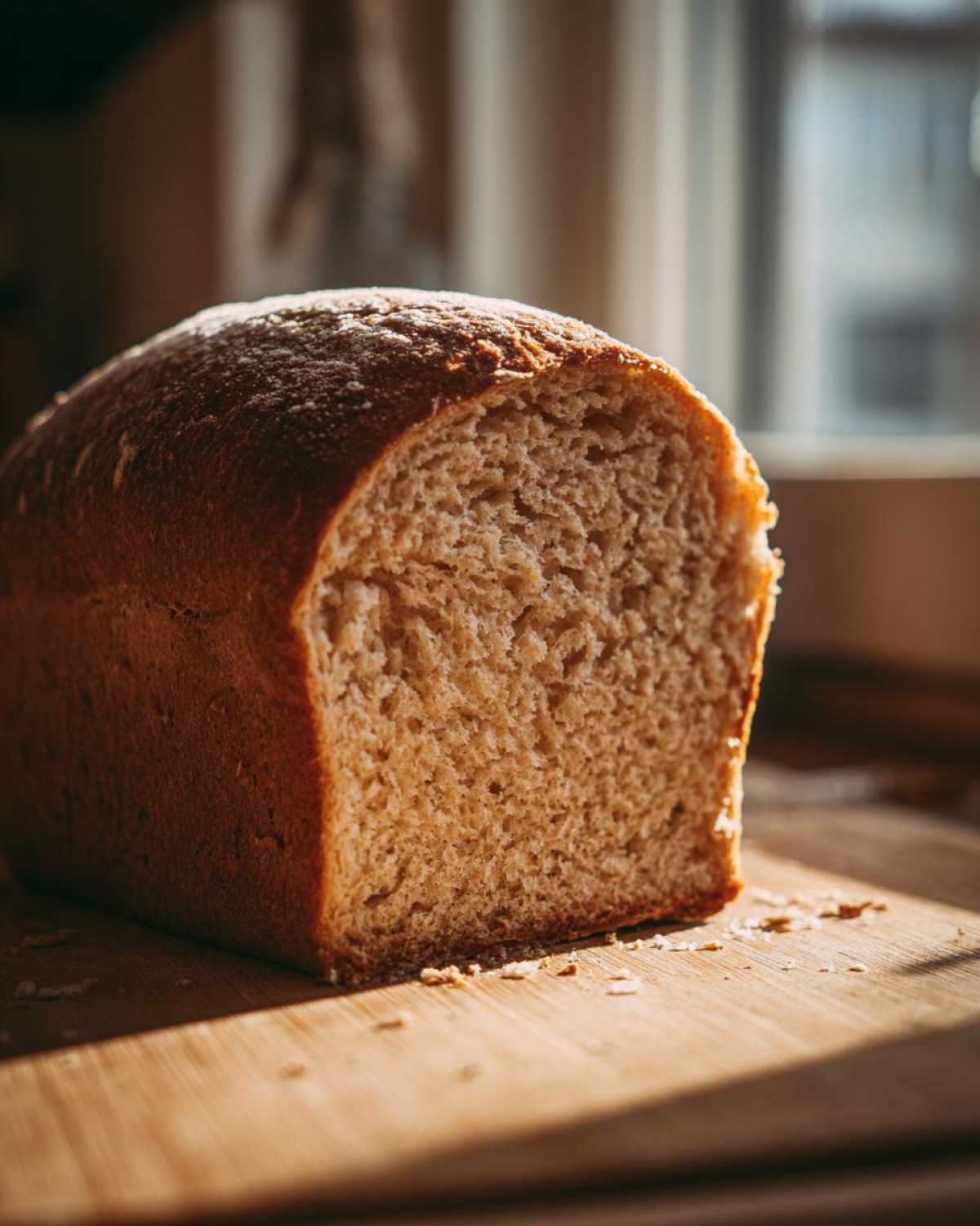 Close-up of a freshly baked whole wheat bread loaf, showing the soft, brown crumb texture, resting on a wooden board.