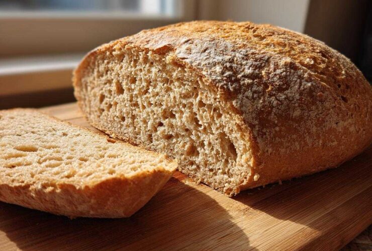 A rustic, golden-crusted whole wheat bread loaf cut open on a wooden board, showing the airy crumb texture.
