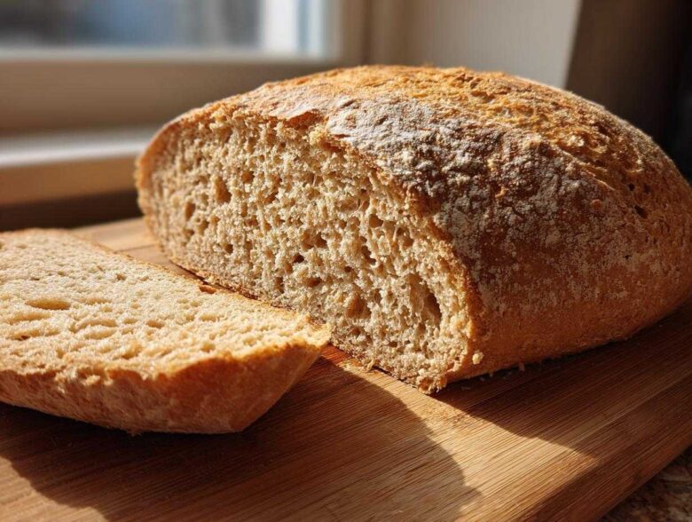 A rustic, golden-crusted whole wheat bread loaf cut open on a wooden board, showing the airy crumb texture.