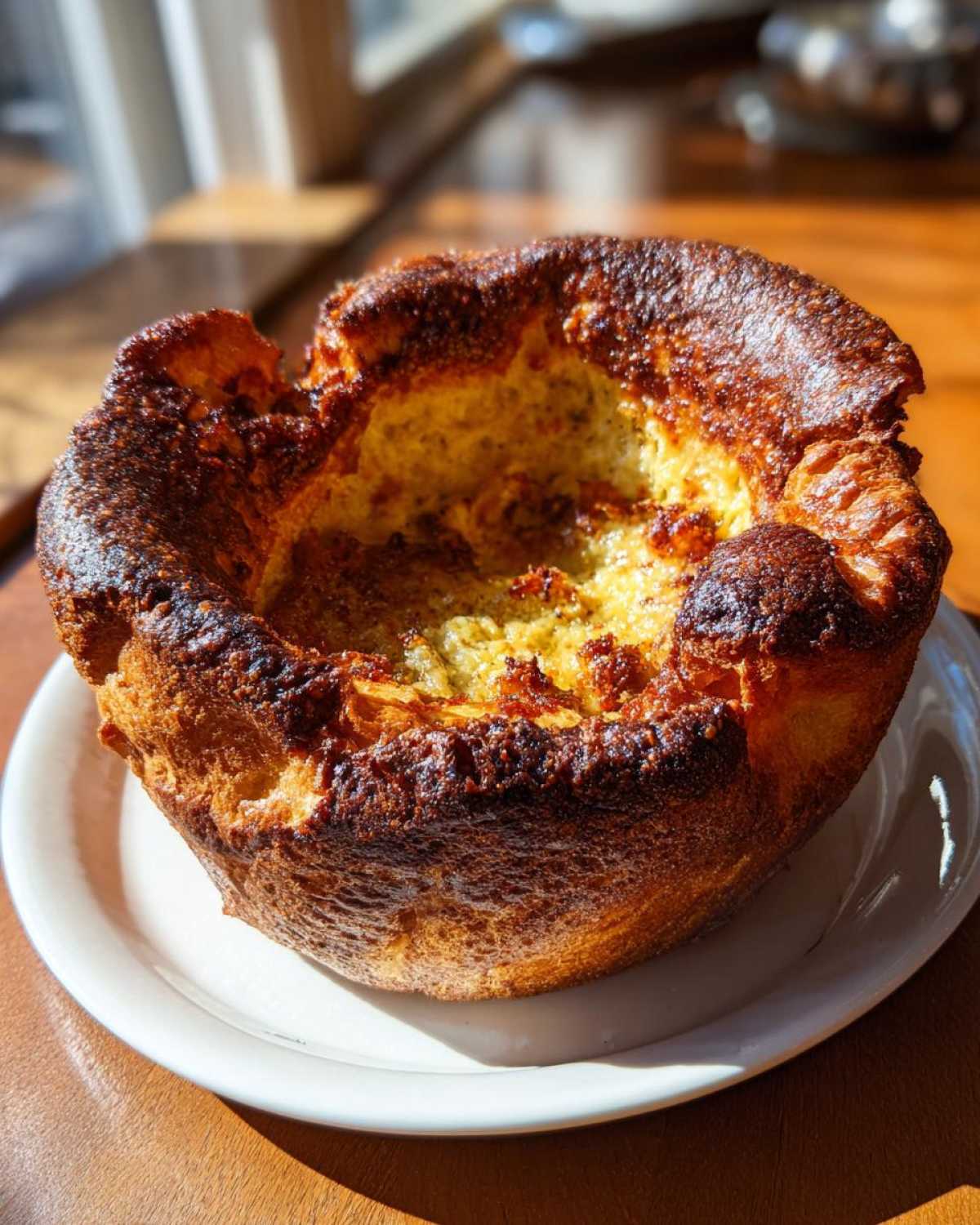 A single, large, golden-brown and crispy yorkshire pudding with a deep well, sitting on a white plate.