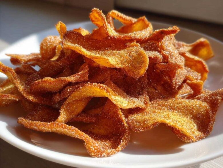 Close-up of a pile of crispy Air Fryer Cinnamon Sugar Apple Chips coated heavily in sugar and spice.
