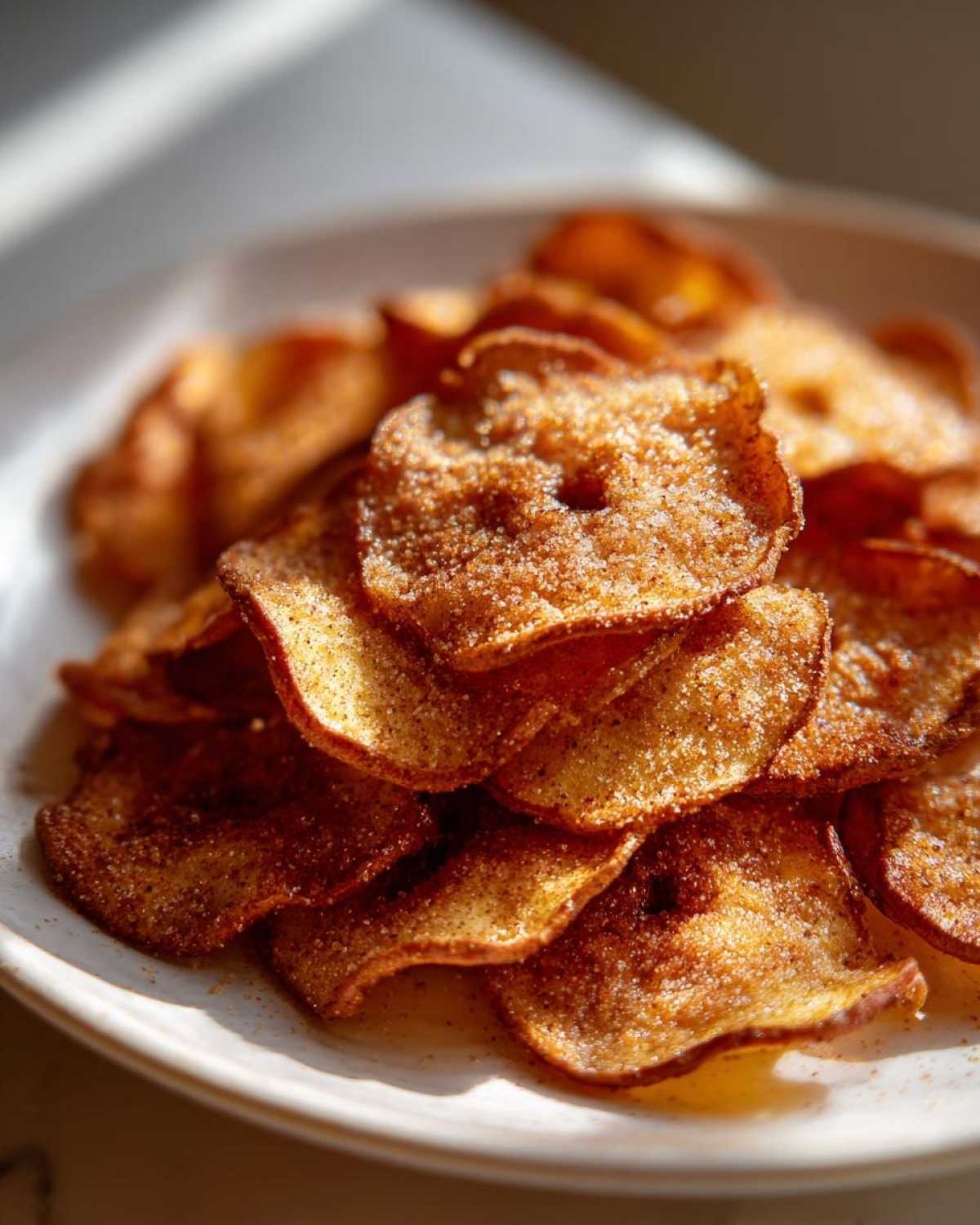 Close-up of a pile of crispy Air Fryer Cinnamon Sugar Apple Chips coated in sparkling sugar.