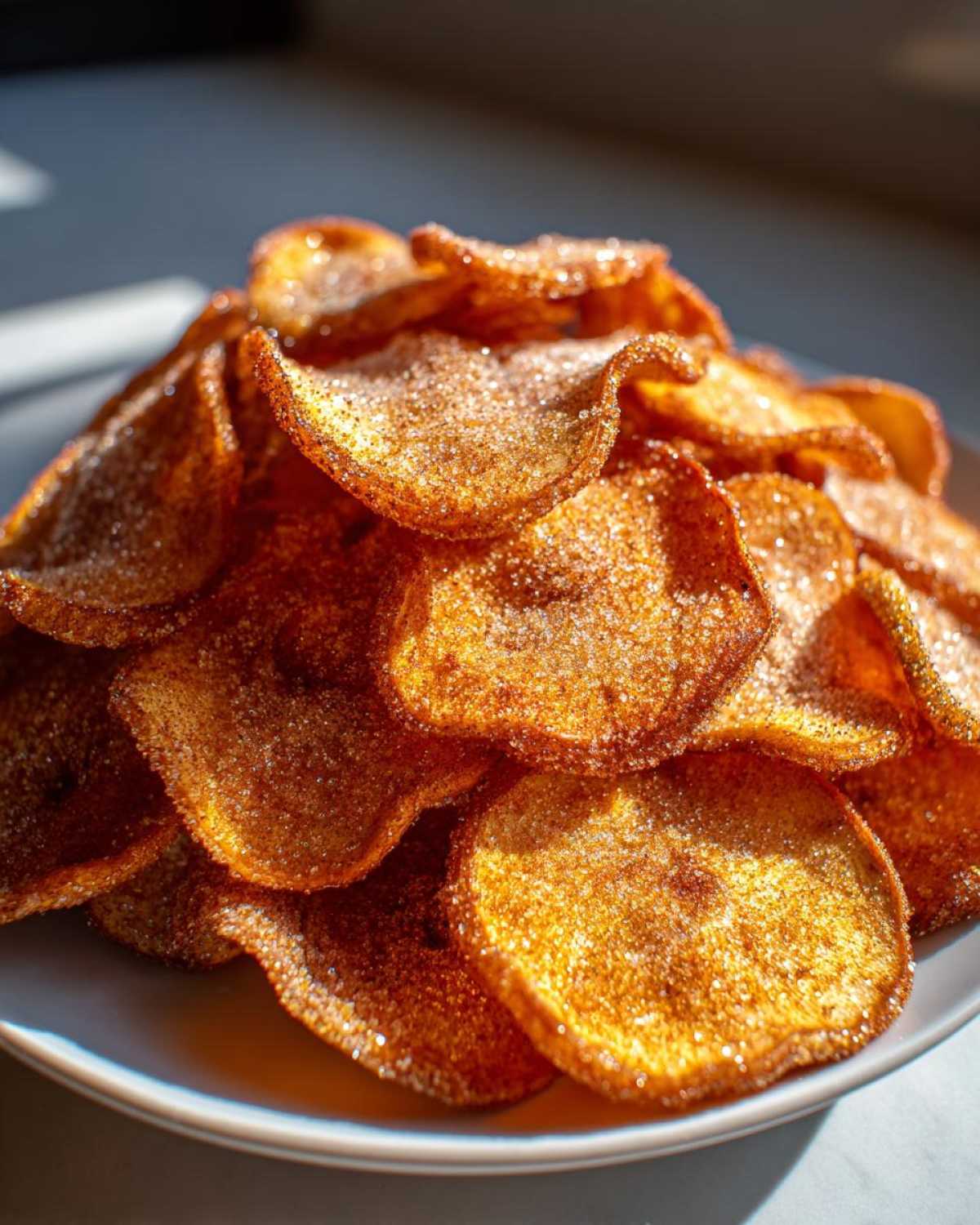 A mound of crispy, golden Air Fryer Cinnamon Sugar Apple Chips heavily coated in sparkling sugar.