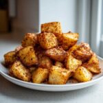 A mound of golden, crispy Air Fryer Crispy Breakfast Potatoes with Paprika piled high on a white plate.