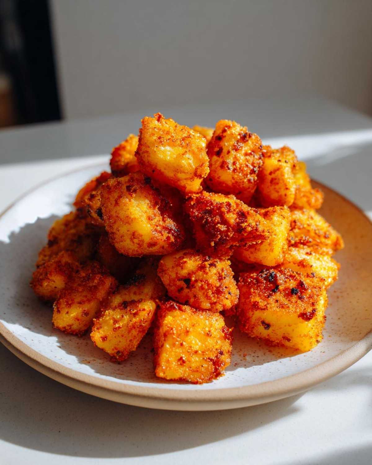 A close-up of golden, cubed Air Fryer Crispy Breakfast Potatoes with Paprika piled high on a speckled plate.