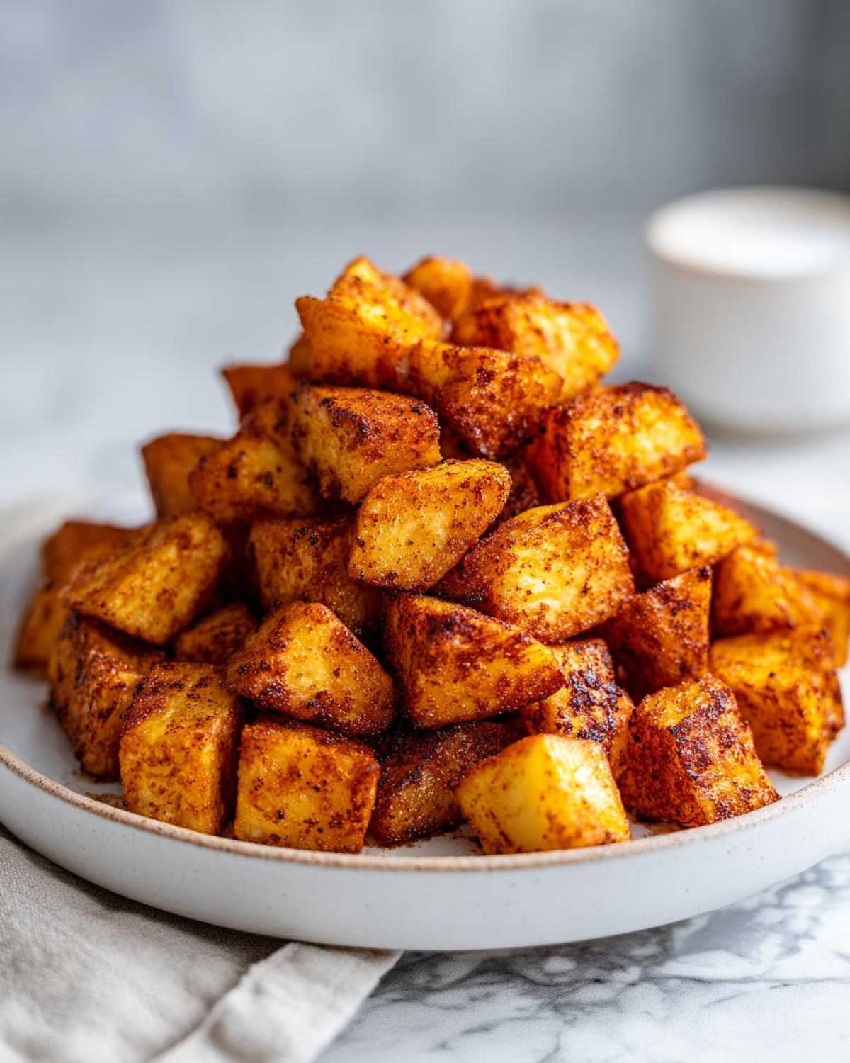 A mound of golden brown, crispy Air Fryer Crispy Breakfast Potatoes with Paprika piled high on a white plate.