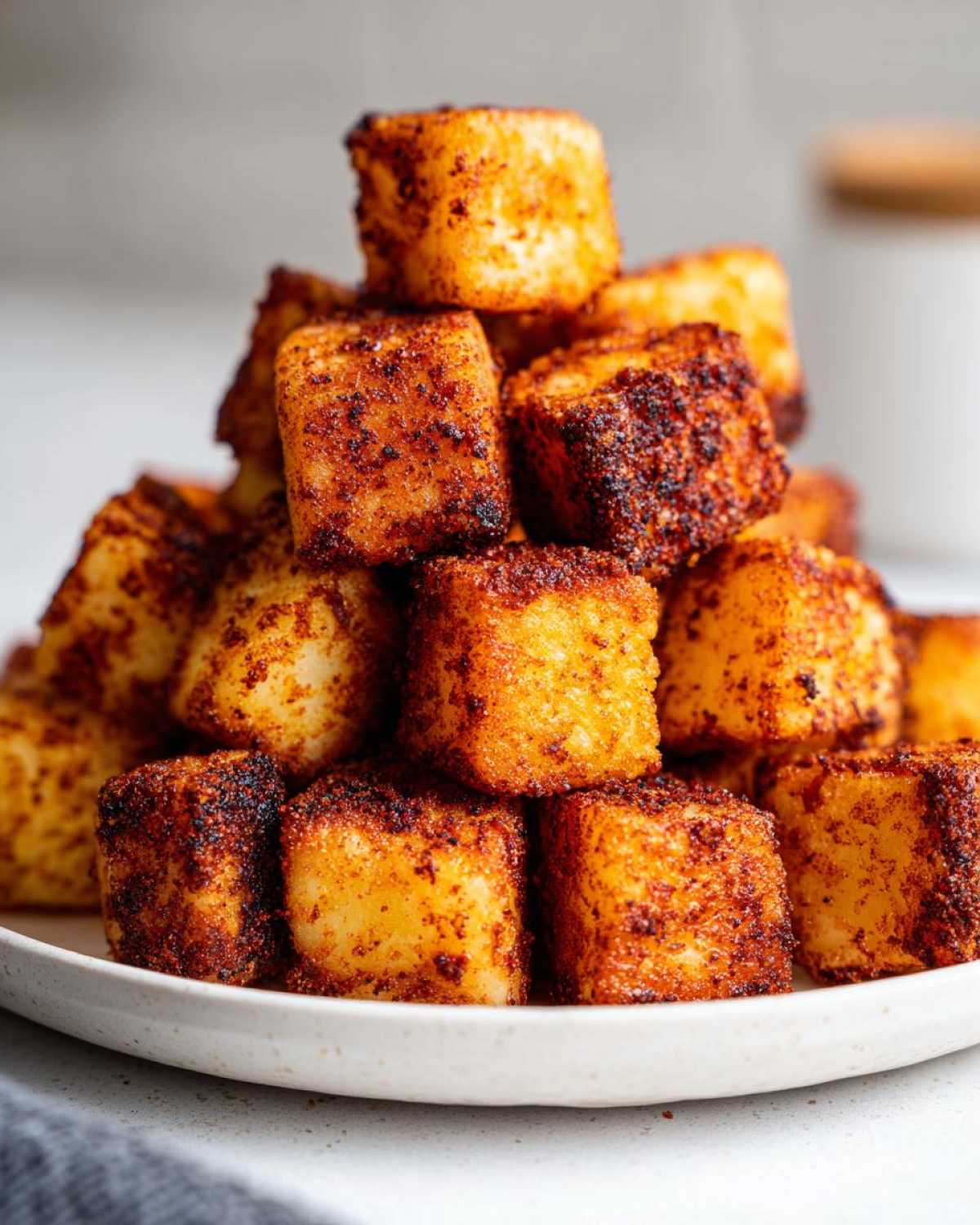 A tall stack of golden, crispy Air Fryer Crispy Breakfast Potatoes with Paprika seasoning piled high on a white plate.