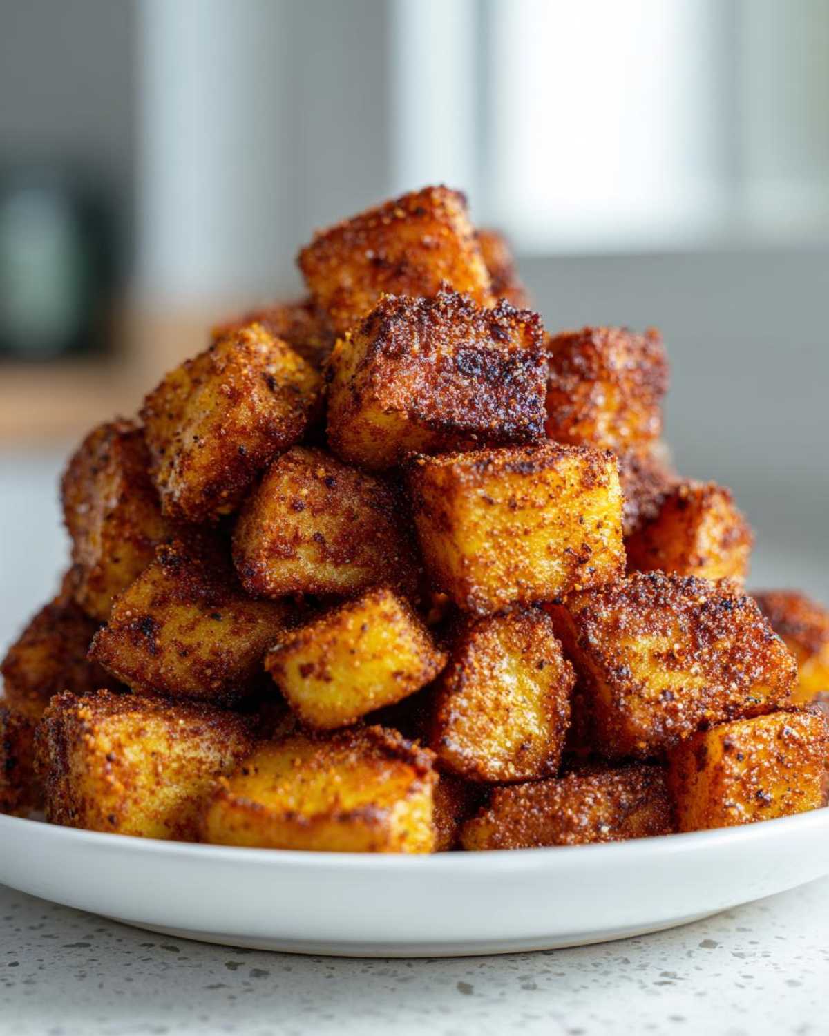 A close-up of a mound of golden, crispy Air Fryer Crispy Breakfast Potatoes with Paprika seasoning.