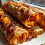 Four golden brown, crispy Air Fryer Crispy Buffalo Chicken Taquitos piled on a white plate.