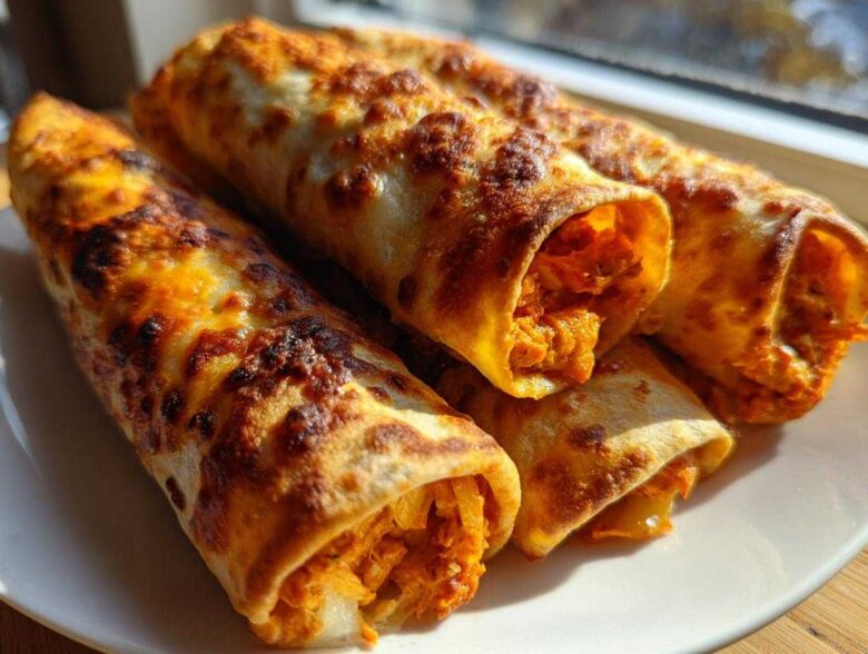 Four golden brown, crispy Air Fryer Crispy Buffalo Chicken Taquitos piled on a white plate.