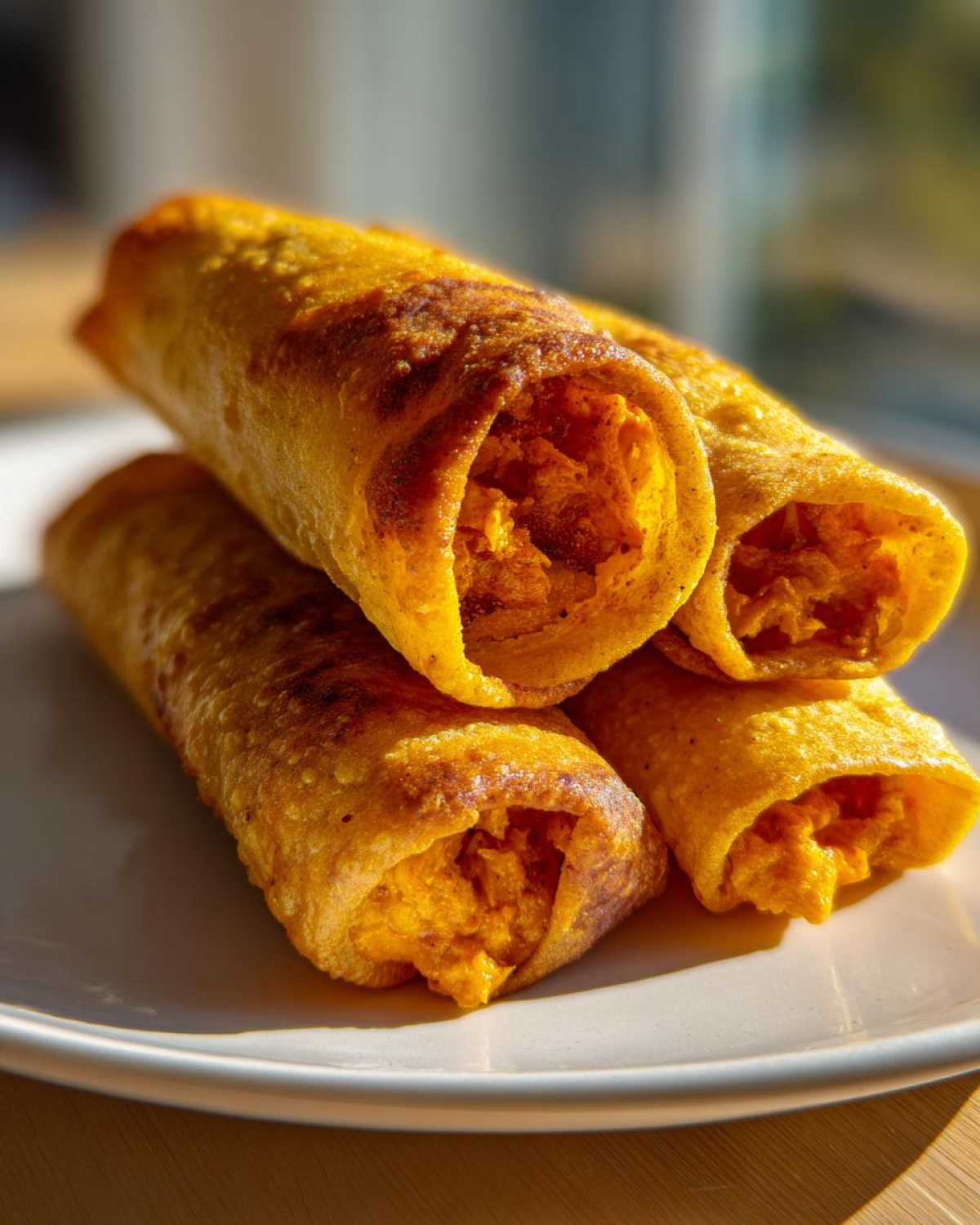 Close-up of three golden, crispy Air Fryer Crispy Buffalo Chicken Taquitos stacked on a white plate.