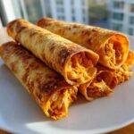A stack of golden brown, crispy Air Fryer Crispy Buffalo Chicken Taquitos showing the shredded orange filling.