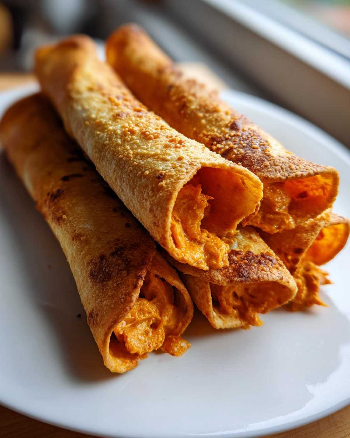 Close-up of several golden, crispy Air Fryer Crispy Buffalo Chicken Taquitos stacked on a white plate.