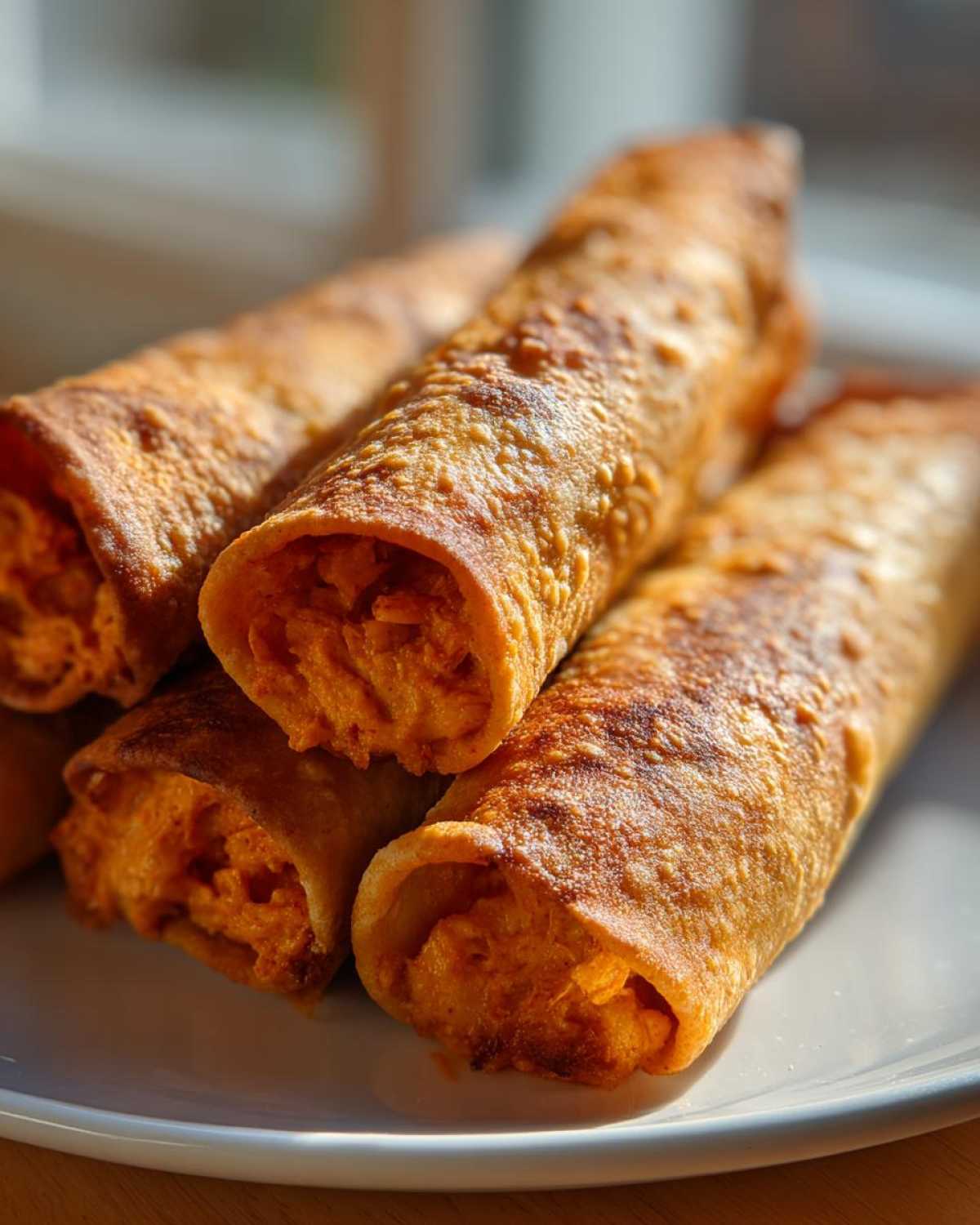 Close-up of golden brown, crispy Air Fryer Buffalo Chicken Taquitos stacked on a white plate.