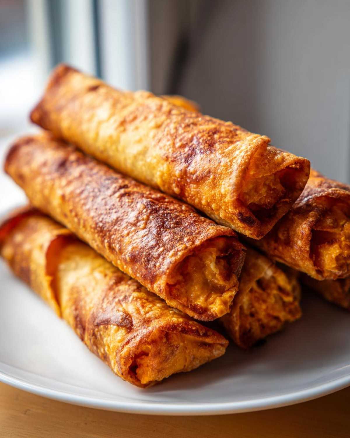 A stack of golden brown, crispy Air Fryer Crispy Buffalo Chicken Taquitos served on a white plate.