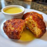 Close-up of crispy Air Fryer Crispy Crab Cakes, one cut open, served with a side of bright yellow lemon aioli.