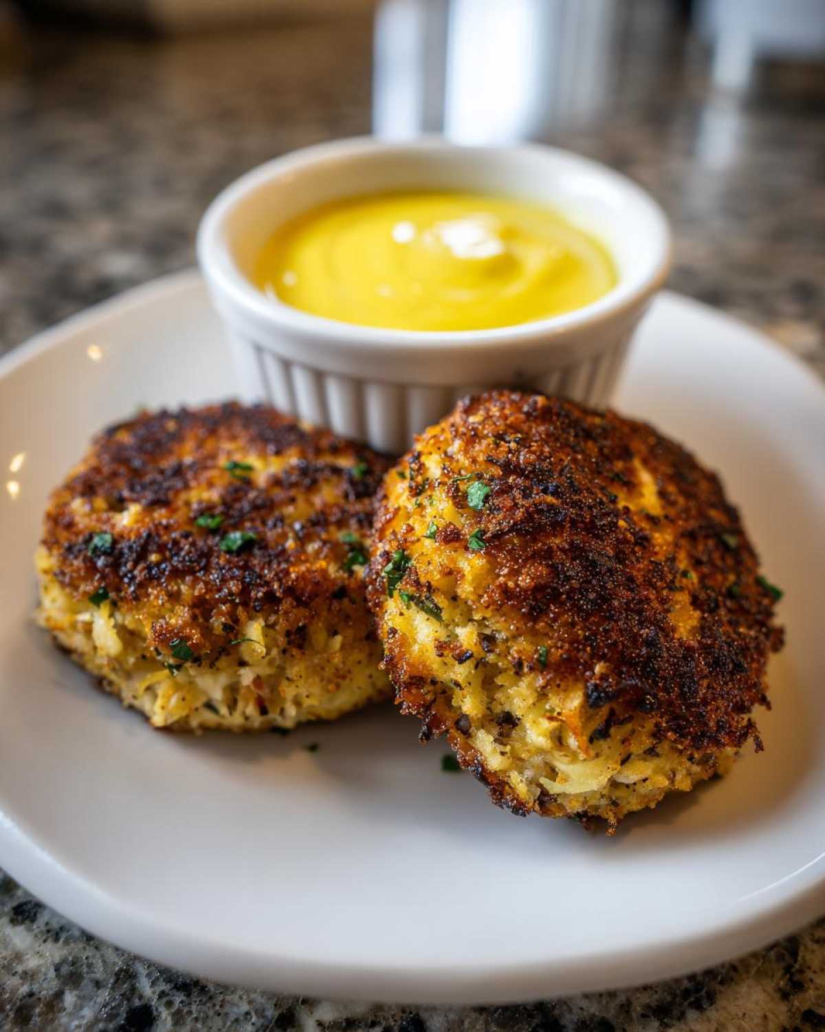 Two golden brown Air Fryer Crispy Crab Cakes served with a side of bright yellow lemon aioli.