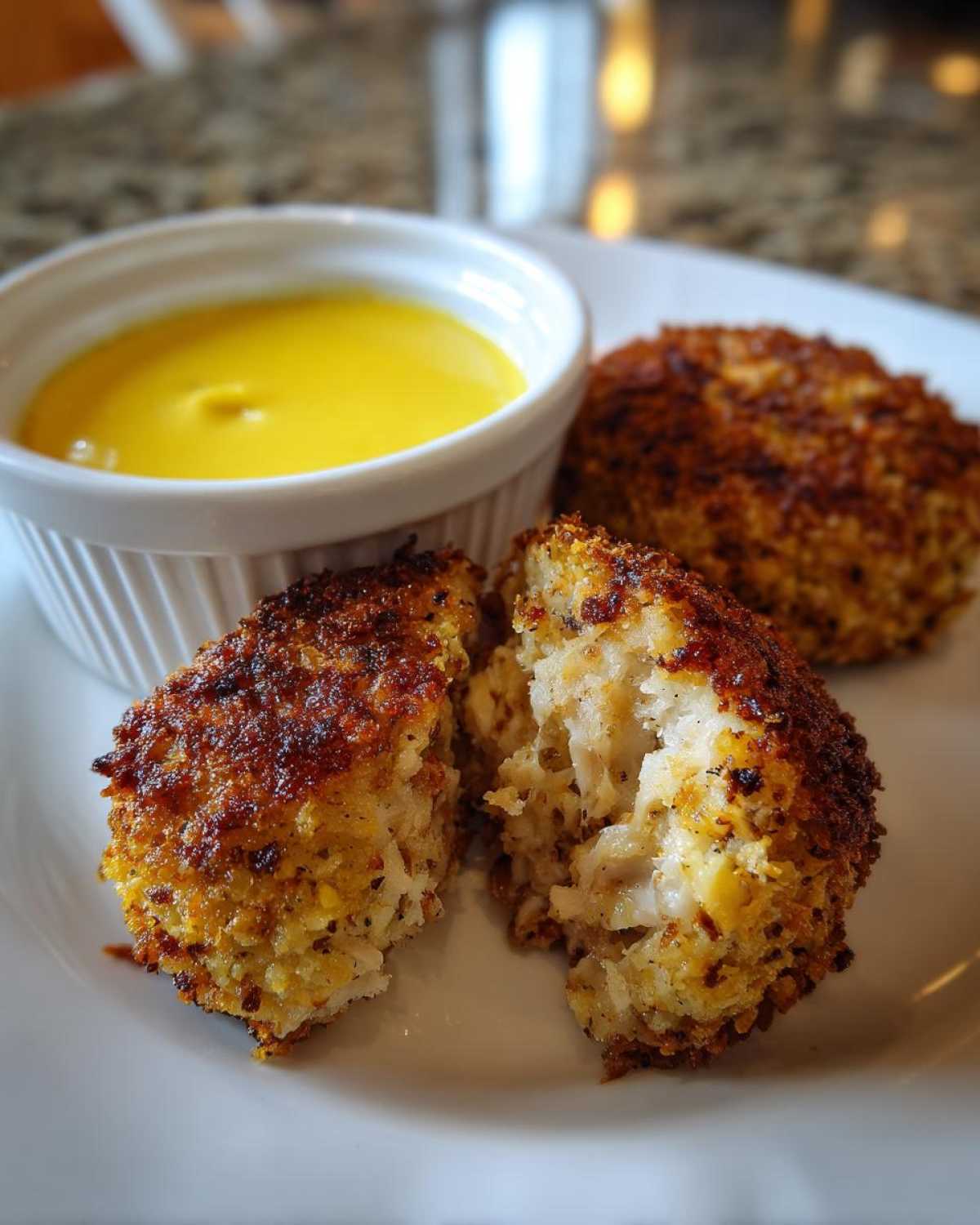 Close-up of Air Fryer Crispy Crab Cakes, one cut open showing the flaky interior, served with yellow lemon aioli.