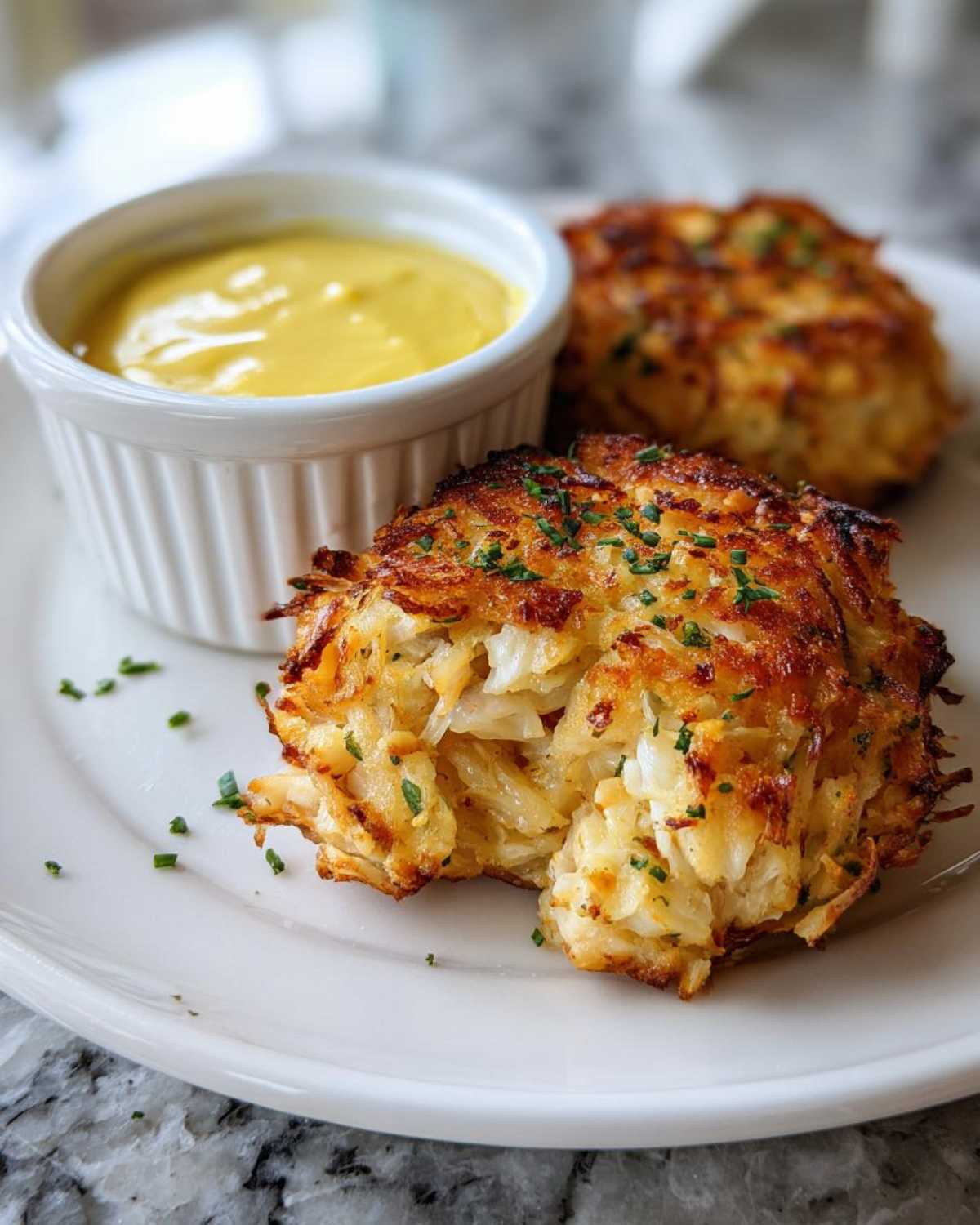 Close-up of a crispy Air Fryer Crispy Crab Cake broken open, served with a side of bright yellow lemon aioli.