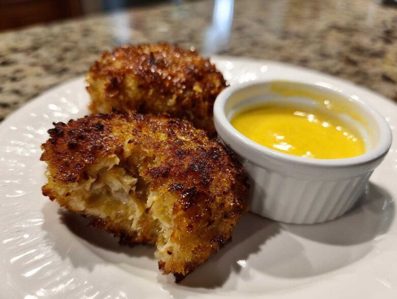 Two golden brown Air Fryer Crispy Crab Cakes served on a white plate with a side of bright yellow lemon aioli.