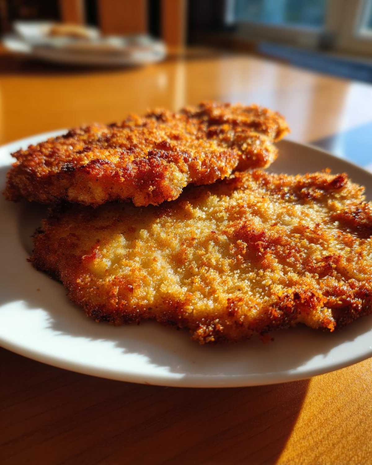 Two golden brown, crispy Air Fryer Crispy Pork Schnitzel Cutlets stacked on a white plate.