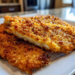 Close-up of golden brown, crispy Air Fryer Crispy Pork Schnitzel Cutlets stacked on a white rectangular plate.