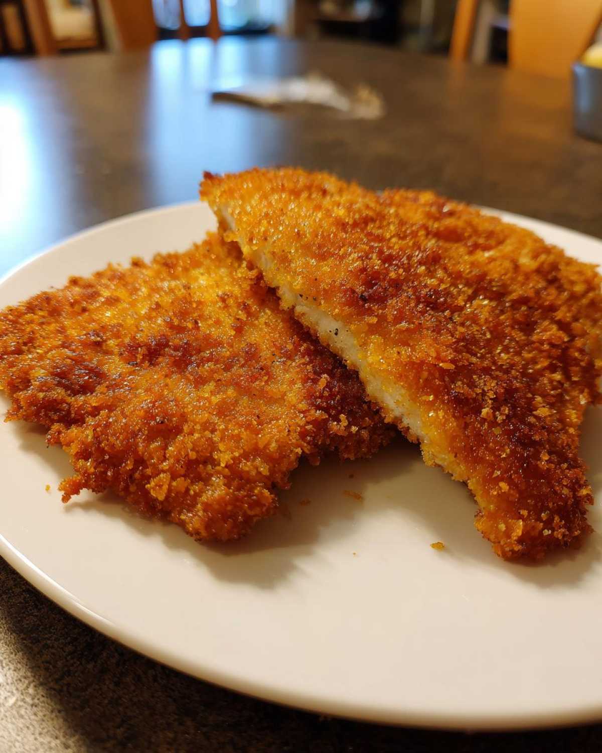 Two golden brown, crispy Air Fryer Crispy Pork Schnitzel Cutlets stacked slightly on a white plate.