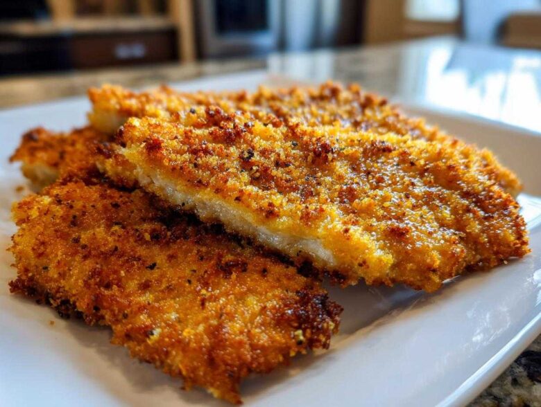 Close-up of golden brown, crispy Air Fryer Crispy Pork Schnitzel Cutlets stacked on a white rectangular plate.