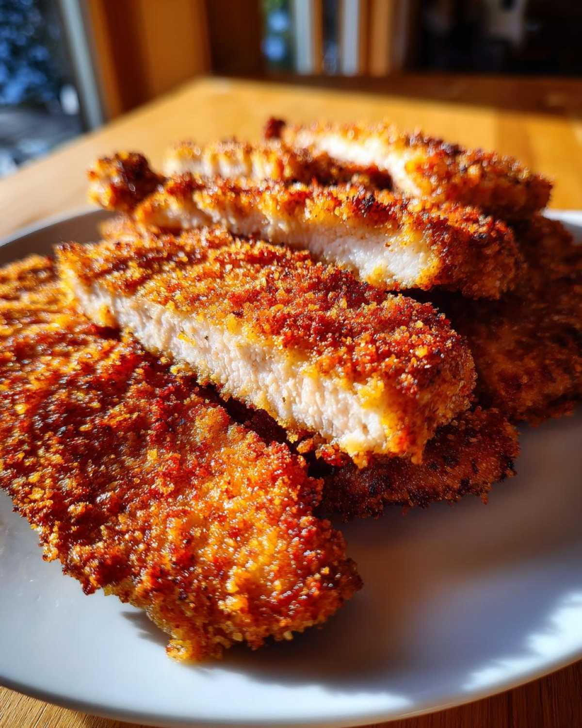 Close-up of golden brown Air Fryer Crispy Pork Schnitzel Cutlets, showing the juicy white interior.