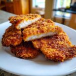 Close-up of golden brown Air Fryer Crispy Pork Schnitzel Cutlets stacked on a white plate, showing the juicy interior.