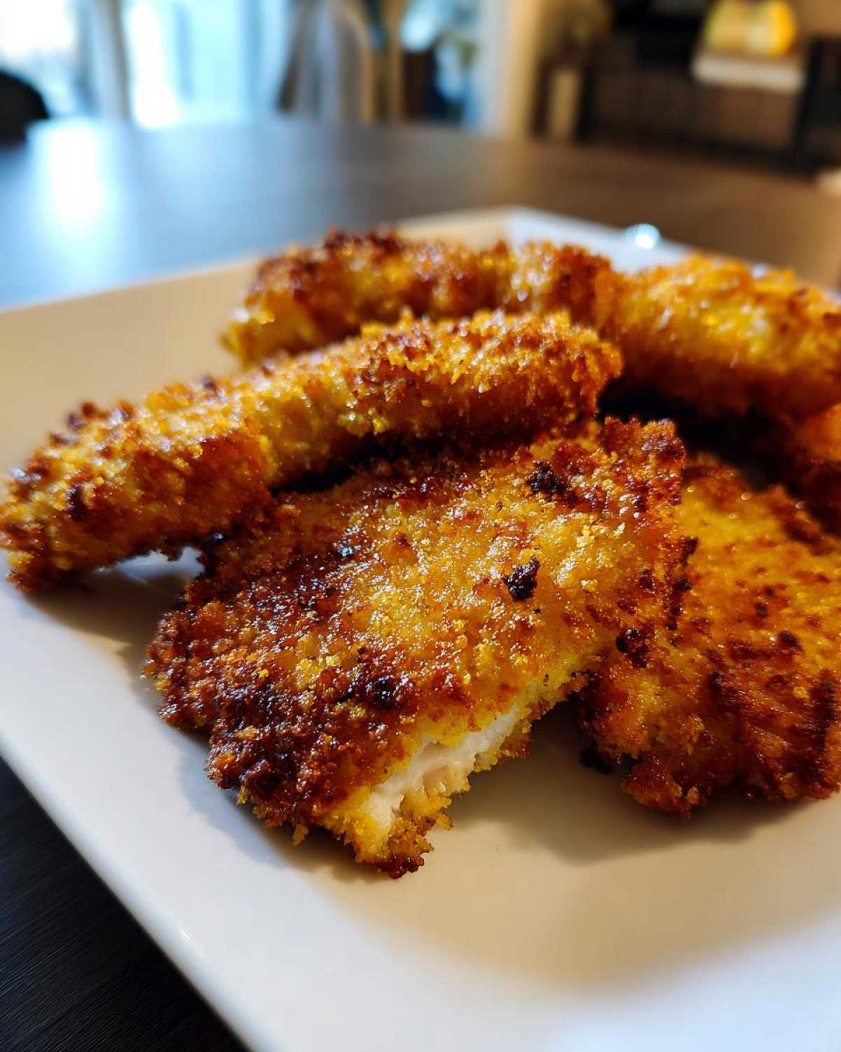 Close-up of golden brown, crispy Air Fryer Crispy Pork Schnitzel Cutlets piled on a white plate.
